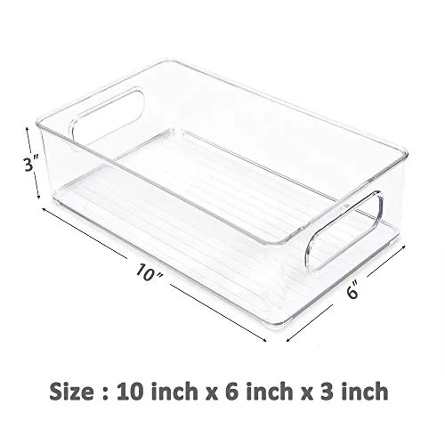 Vtopmart Stackable Clear Plastic Storage Bins, 4 Pack Food Organizer Bins with Handles for Refrigerator, Freezer, Cabinet, Kitchen, Pantry Organization, BPA Free, 10" Long