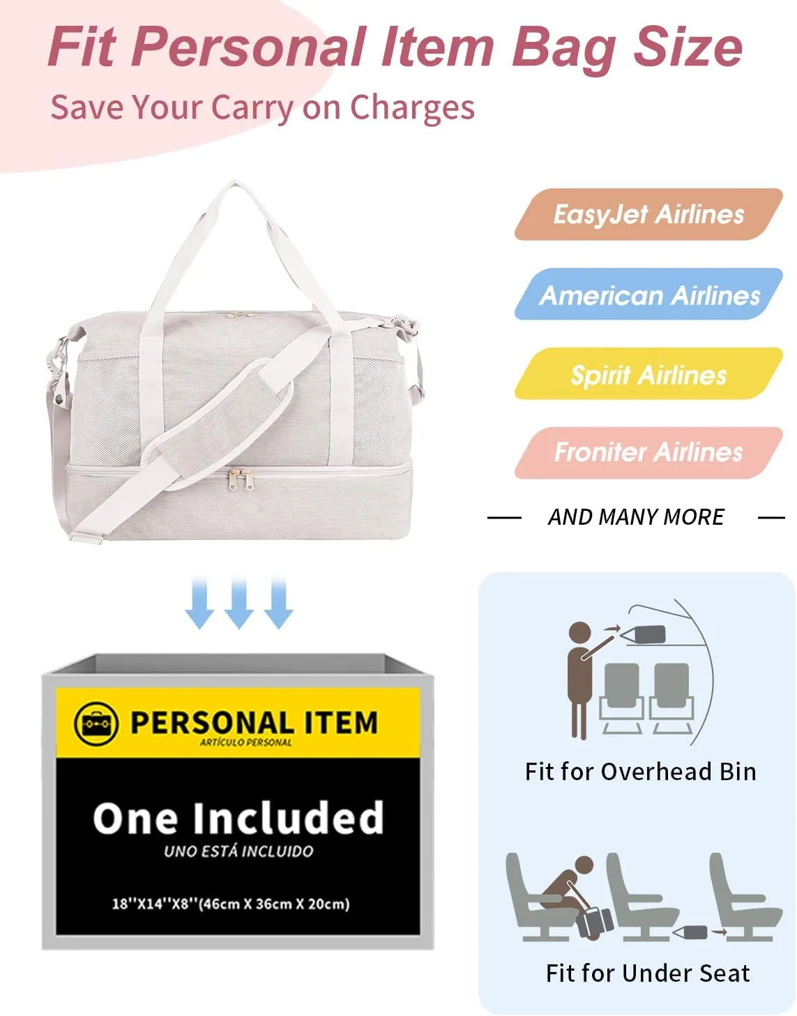 Wandering Nature For Spirit Airlines Personal Item Bag 18x14x8 Travel Duffel Bag Underseat Carry on Luggage with Shoe Compartment Wet Pocke Toiletry Pouch for Women Men Patent Pending