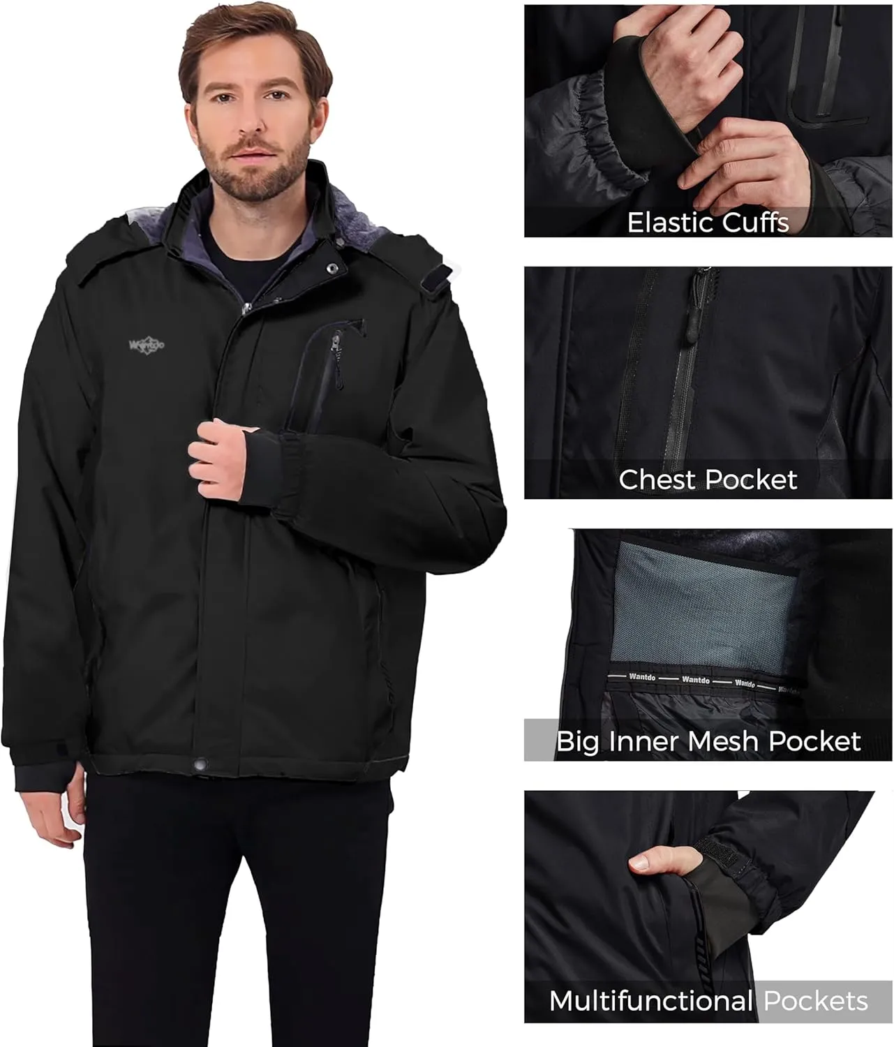 wantdo Men's Waterproof Ski Jacket Warm Winter Snow Jacket Snowboarding Jacket with Hood