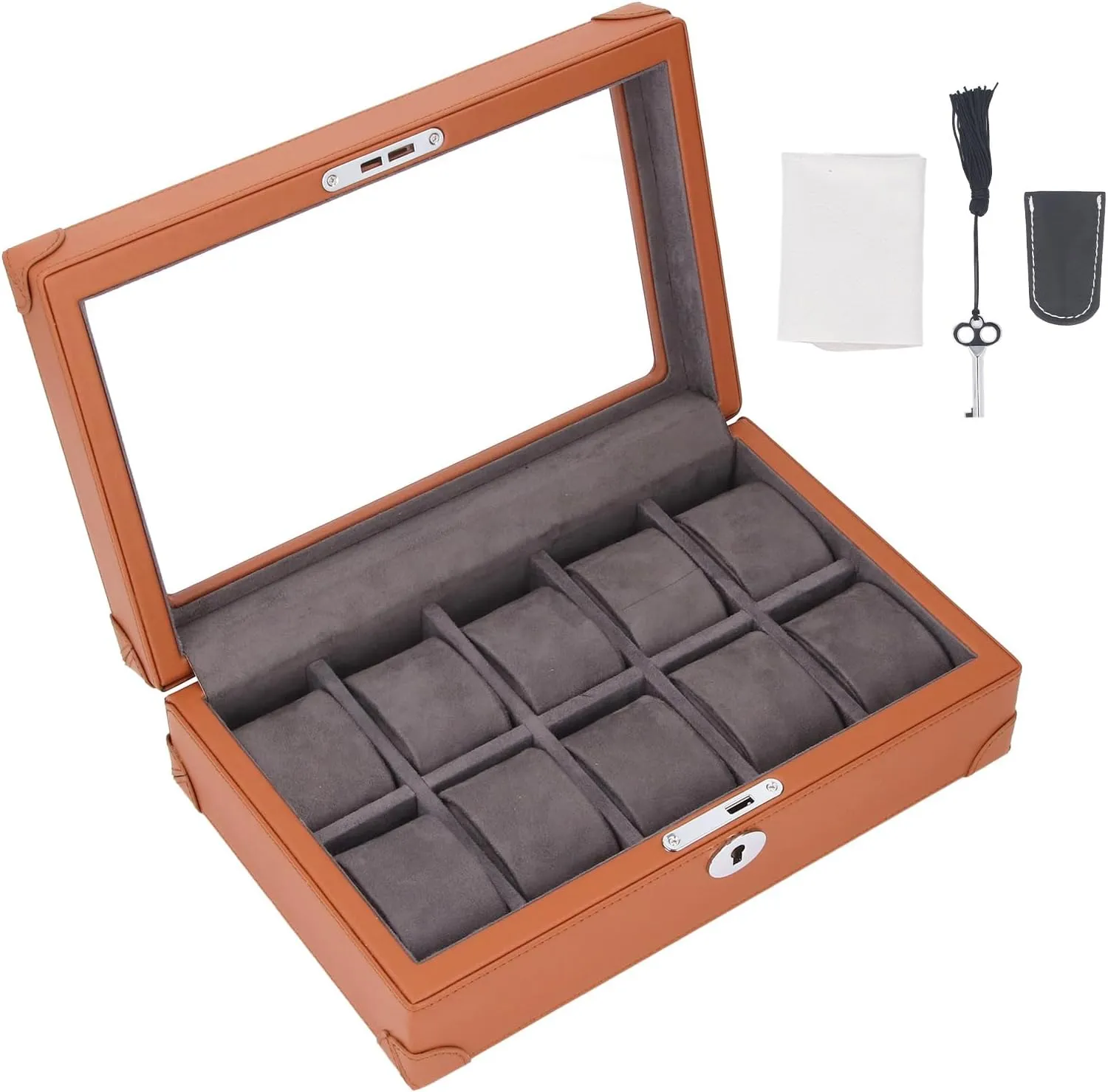 Watch Box Organizer Watch Display Case Watch Holder Organizer Multifunctional Transparent Glass Window Design 10 Slots Watch Case (Brown)