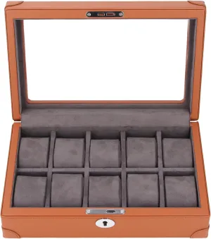 Watch Box Organizer Watch Display Case Watch Holder Organizer Multifunctional Transparent Glass Window Design 10 Slots Watch Case (Brown)