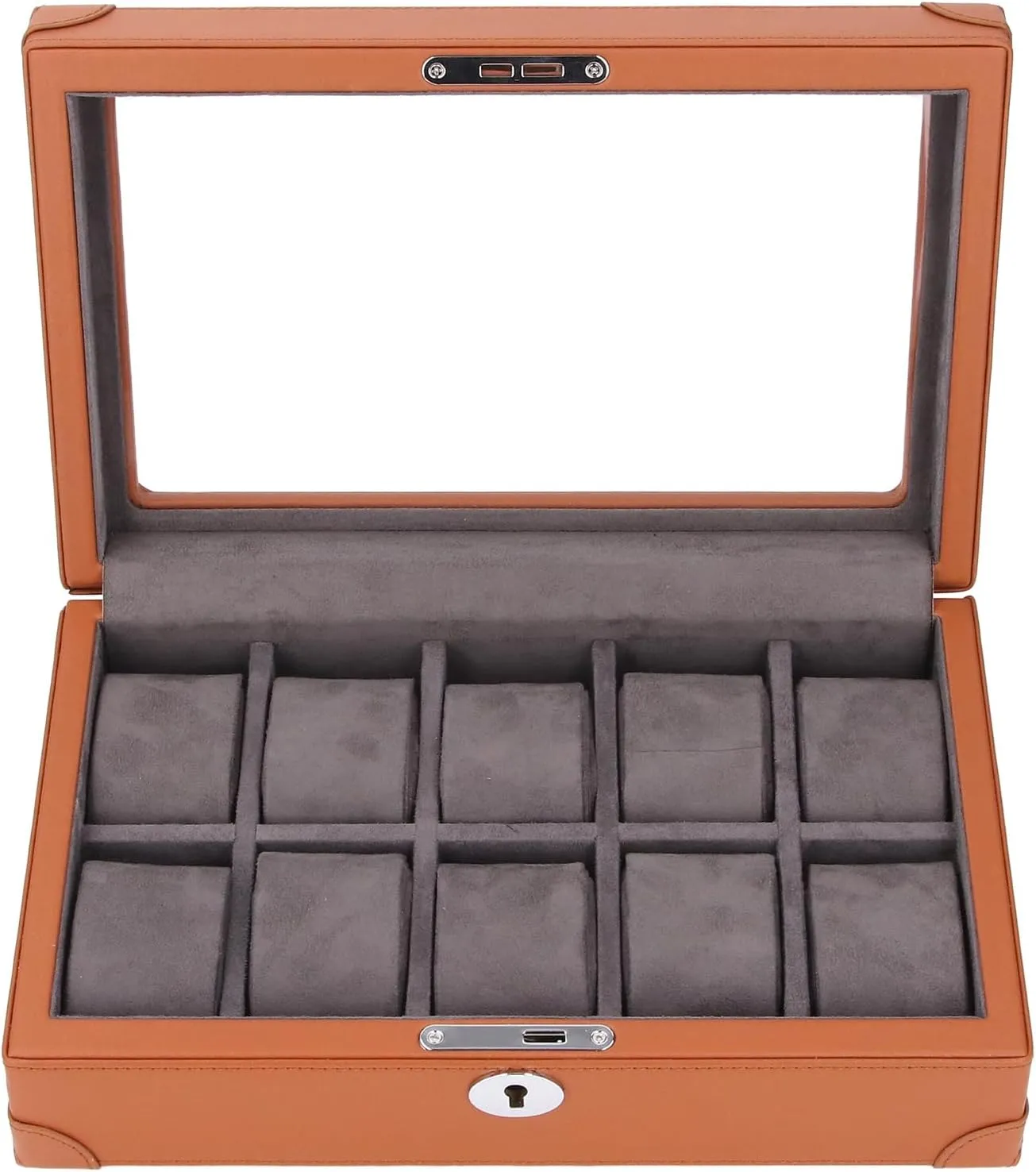 Watch Box Organizer Watch Display Case Watch Holder Organizer Multifunctional Transparent Glass Window Design 10 Slots Watch Case (Brown)