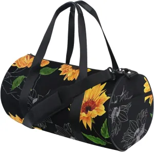 Watercolor Sunflowers Black Background Duffel Bag,Canvas Travel Bag for Gym Sports and Overnight