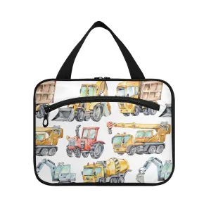 Watercolor Trucks and Cars Red Tractor, Excavator, Concrete Mixer 1 PC Hanging Travel Wash bag with Handles, Portable Makeup Organizer Brush Storage Case Portable Travel Cosmetic with Hook L