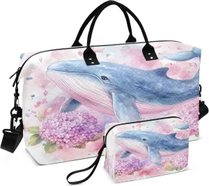 Watercolor Whale Travel Duffel Bags Carry on Weekender Overnight Bag Large for Airplane with Toiletry Bag for Men Women
