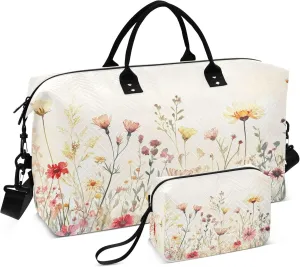 Watercolor Wildflower Meadow Travel Duffel Bags Carry on Weekender Overnight Bag Large for Airplane with Toiletry Bag for Men Women