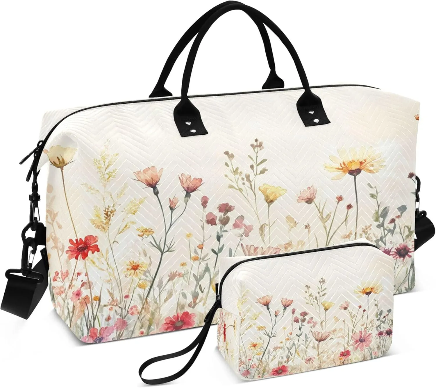 Watercolor Wildflower Meadow Travel Duffel Bags Carry on Weekender Overnight Bag Large for Airplane with Toiletry Bag for Men Women
