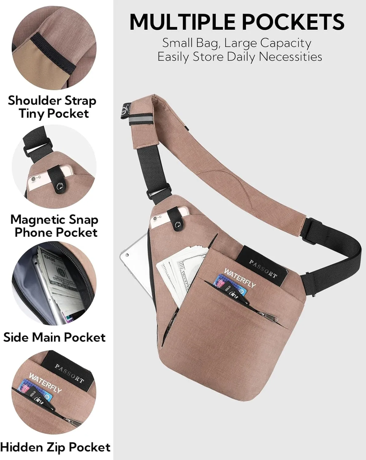 WATERFLY Sling Crossbody Chest Bag: Slim Anti-Theft Cross Body Bag Over Shoulder Backpack Stealth Side Pack Man Woman