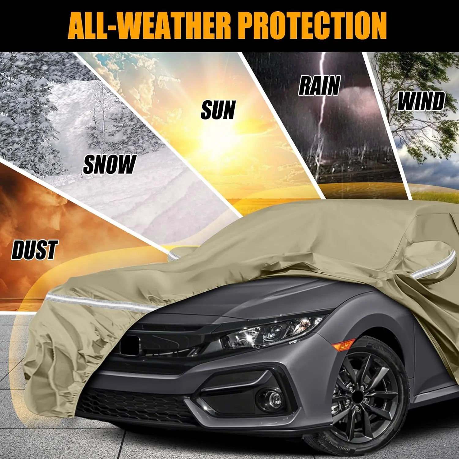 Waterproof Car Covers Replace for 2011-2025 Honda Civic, Multilayer Heavy Duty with Cotton Liner All Weather Custom-fit Car Cover with Zipper Door, Windproof Bands for Snow Rain Dust Protection