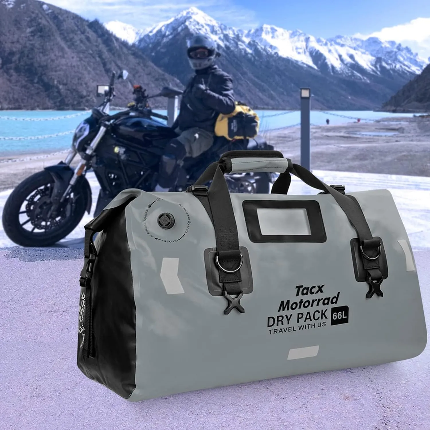 Waterproof Duffel Bag for Men/Women, Roll-top Dry Backpack Duffel Bag with Quick-fixed Straps, Motorcycle Tail Saddle Bag for Motorcycling, Rafting, Boating, Kayaking, Travel, 48L-Grey