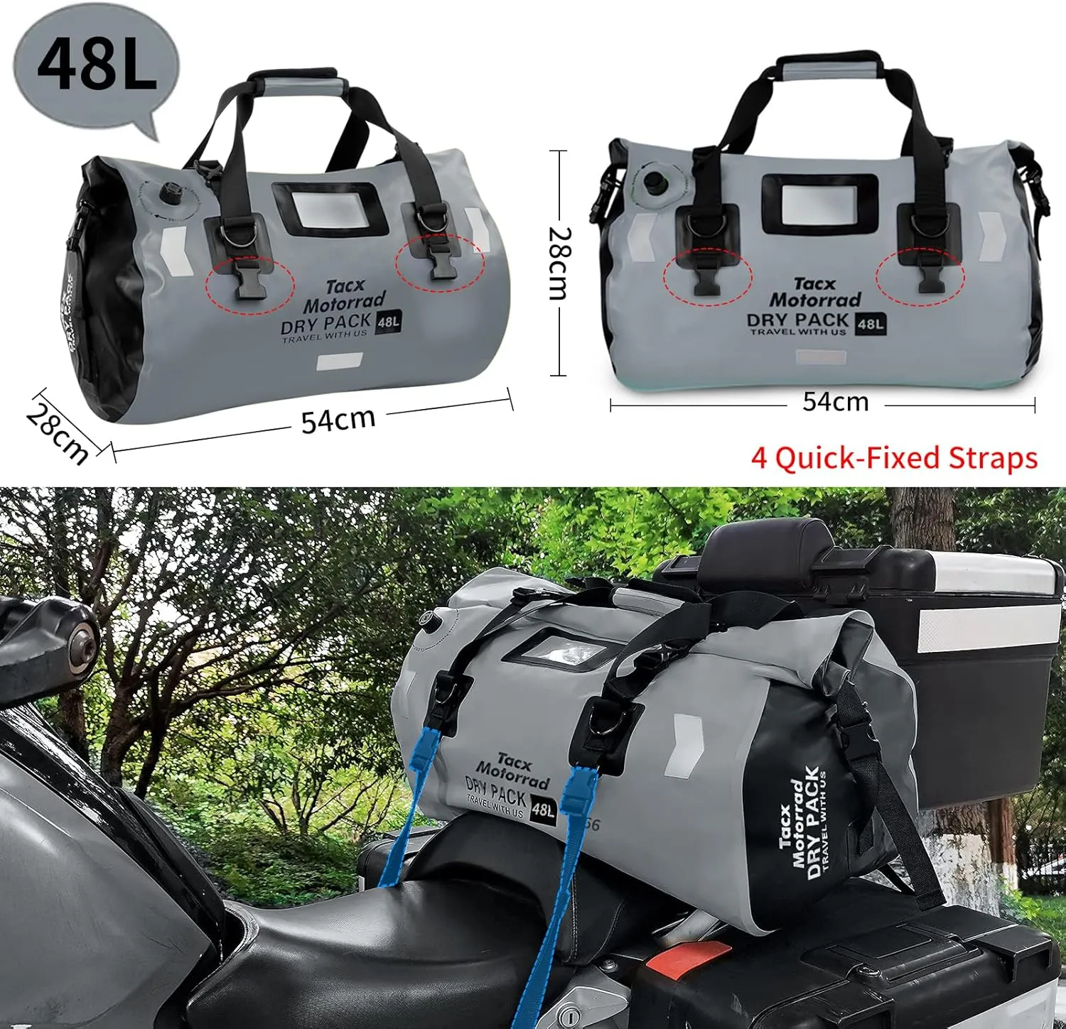 Waterproof Duffel Bag for Men/Women, Roll-top Dry Backpack Duffel Bag with Quick-fixed Straps, Motorcycle Tail Saddle Bag for Motorcycling, Rafting, Boating, Kayaking, Travel, 48L-Grey