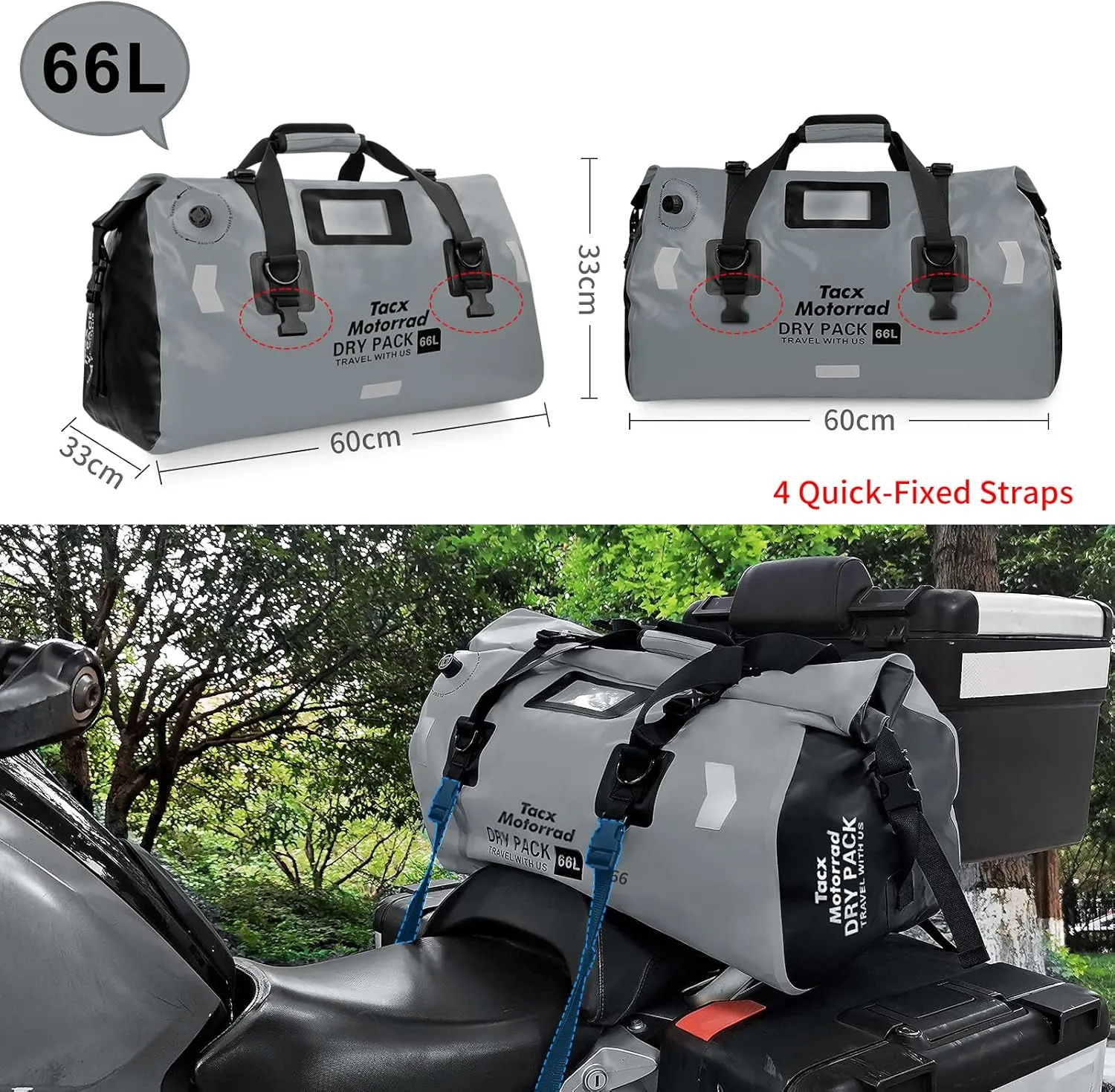 Waterproof Duffel Bag for Men/Women, Roll-top Dry Backpack Duffel Bag with Quick-fixed Straps, Motorcycle Tail Saddle Bag for Motorcycling, Rafting, Boating, Kayaking, Travel, 66L-Grey