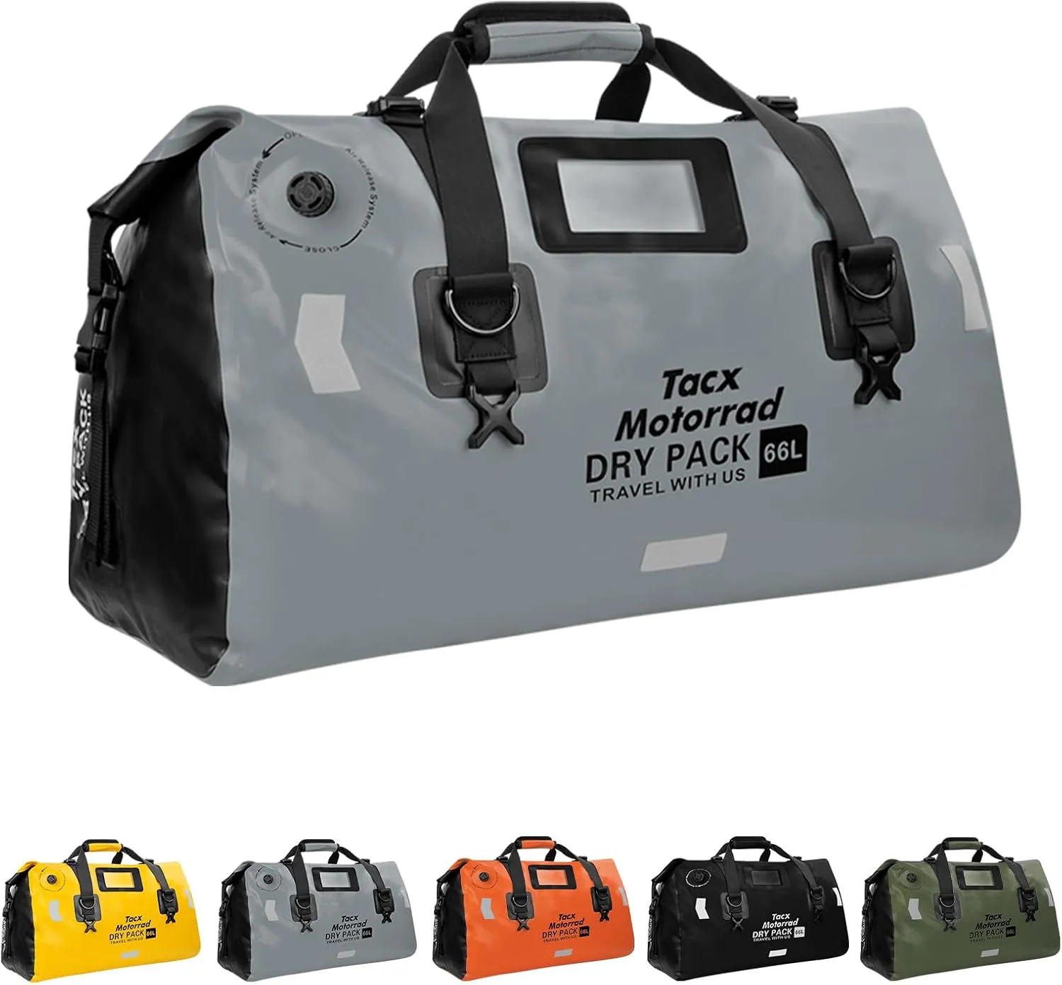 Waterproof Duffel Bag for Men/Women, Roll-top Dry Backpack Duffel Bag with Quick-fixed Straps, Motorcycle Tail Saddle Bag for Motorcycling, Rafting, Boating, Kayaking, Travel, 66L-Grey