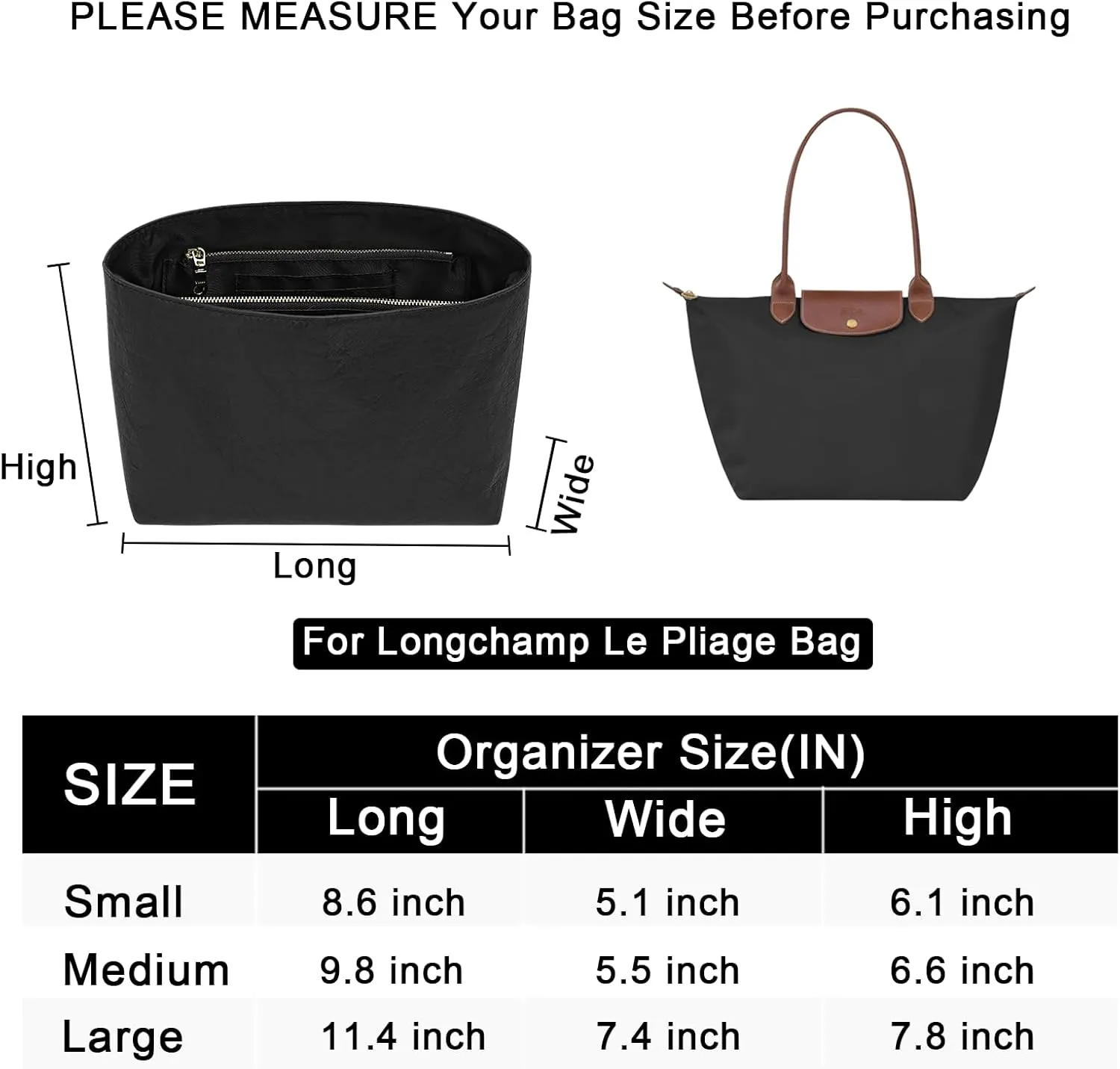 Waterproof Purse Organizer Insert for Longchamp le Pliage Large Handbags Insert DupontPaper Lightweight with YKK Zipper (Black, Large)