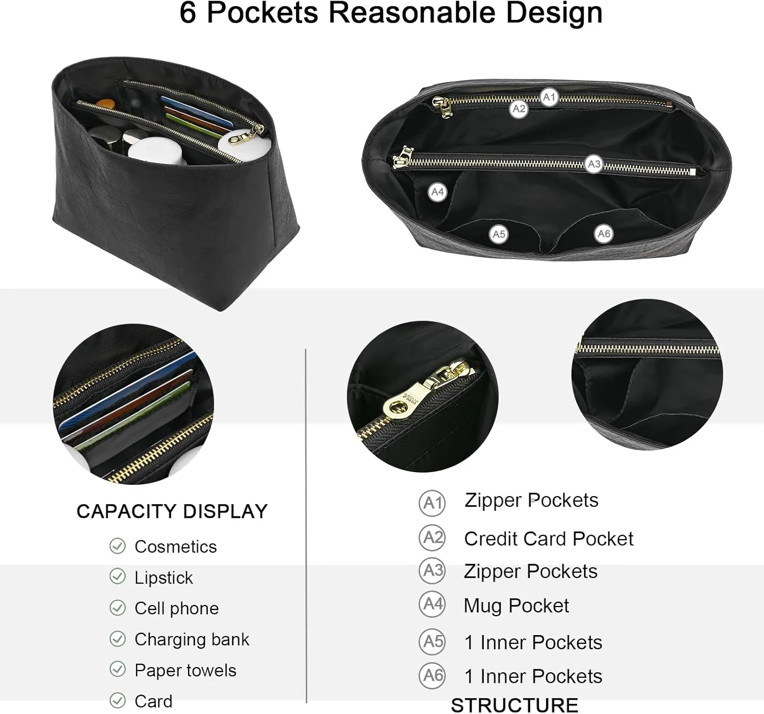 Waterproof Purse Organizer Insert for Longchamp le Pliage Large Handbags Insert DupontPaper Lightweight with YKK Zipper (Black, Large)