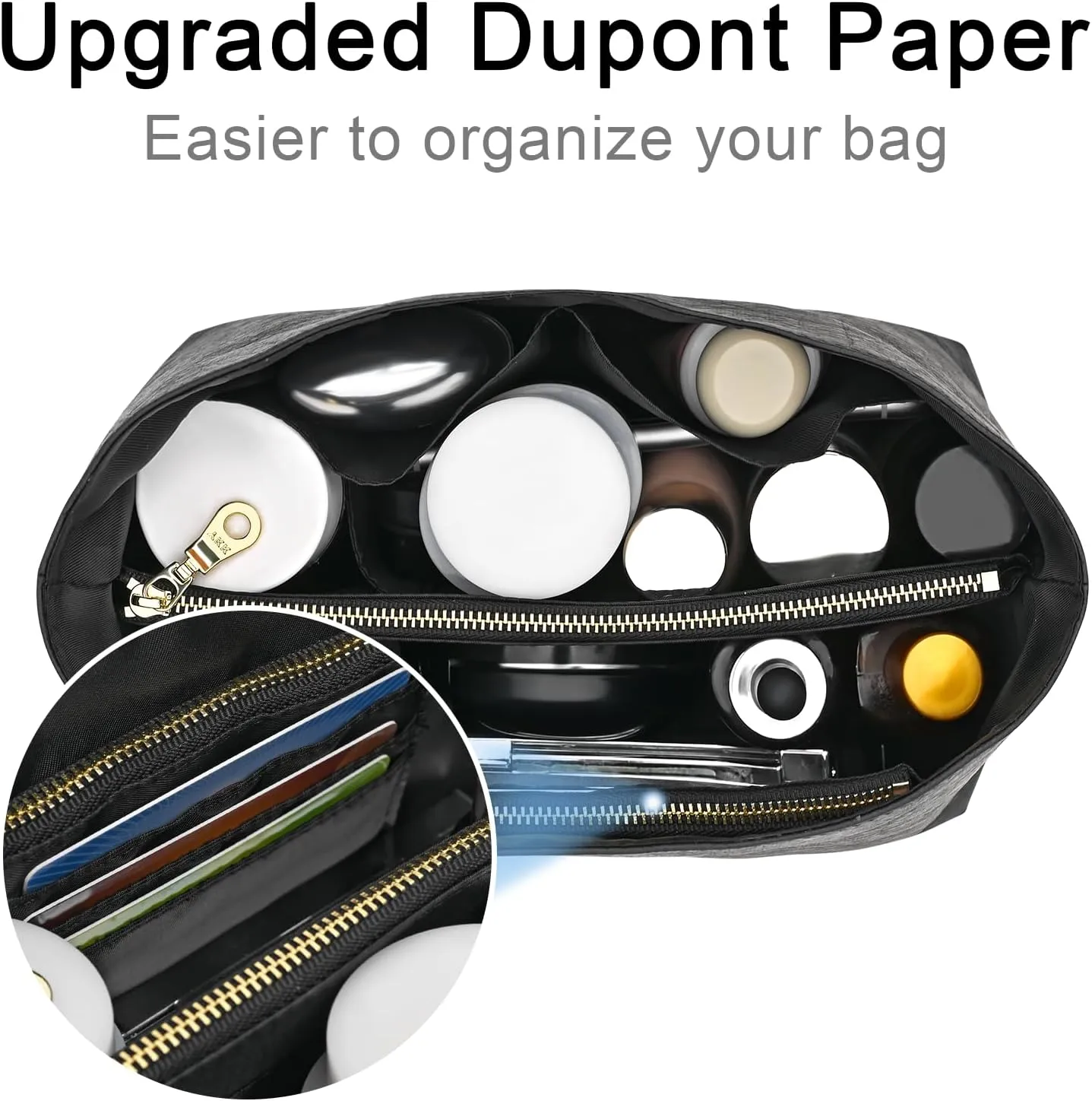 Waterproof Purse Organizer Insert for Longchamp le Pliage Large Handbags Insert DupontPaper Lightweight with YKK Zipper (Black, Large)