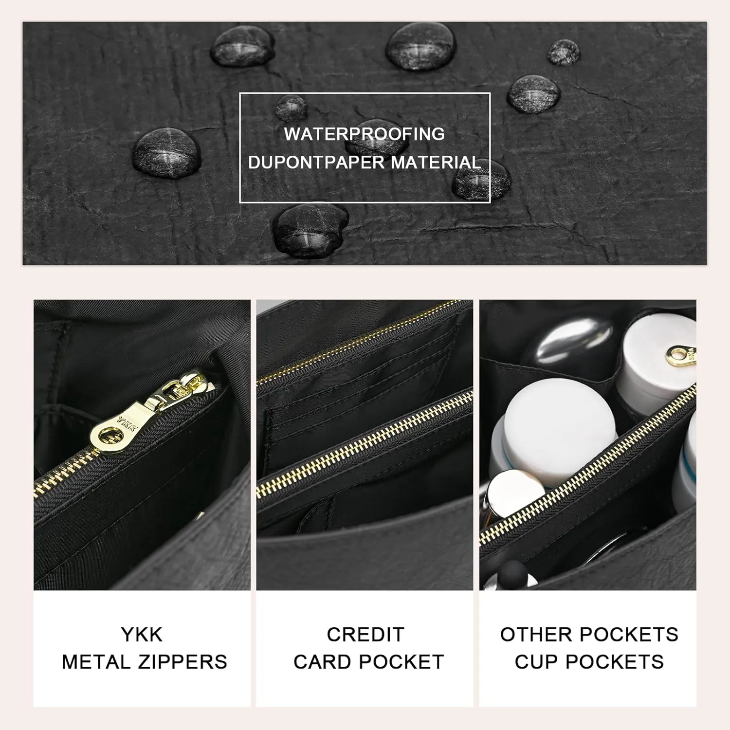 Waterproof Purse Organizer Insert for Longchamp le Pliage Large Handbags Insert DupontPaper Lightweight with YKK Zipper (Black, Large)