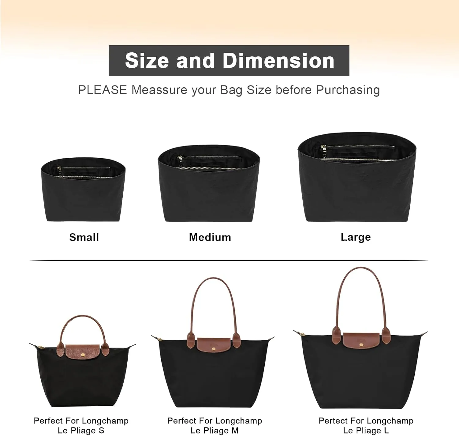 Waterproof Purse Organizer Insert for Longchamp le Pliage Large Handbags Insert DupontPaper Lightweight with YKK Zipper (Black, Large)