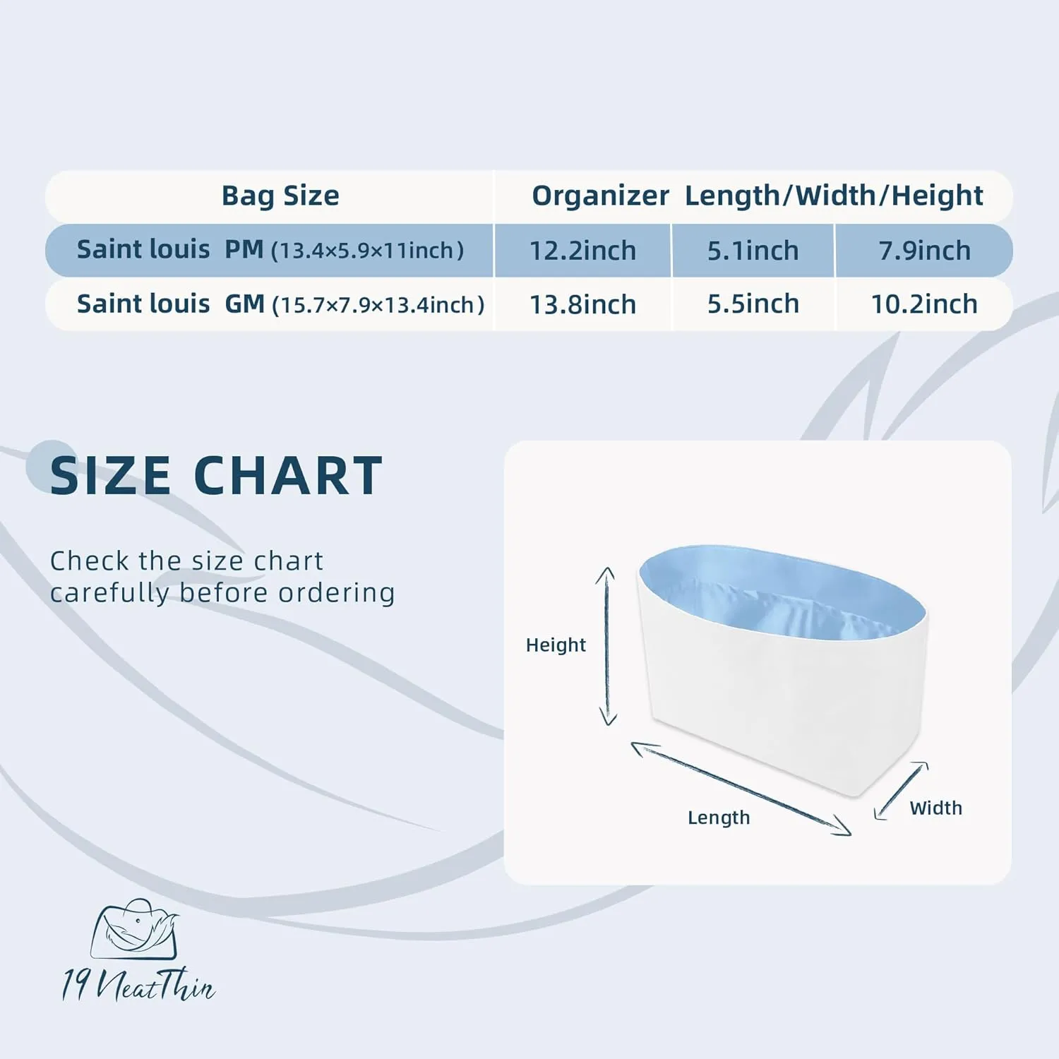 Waterproof Tote Organizer Insert, Lightweight Bag Shaper Compatible with Saint Louis PM, Waterproof Dupontpaper Surface and Silky Satin Lining (Celeste, ST-Louis PM)