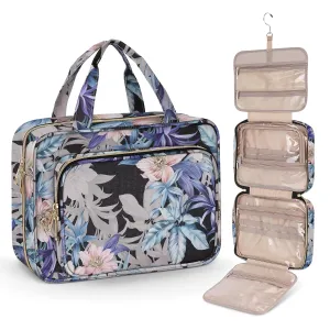Wedama Toiletry Bag for Women, Large Cosmetic Travel Bag, Hanging Toiletry Bag for Bathroom, PVC Waterproof Makeup Bag, Toiletries Bag for Travel Business Trips and Camping, Black Brown Floral