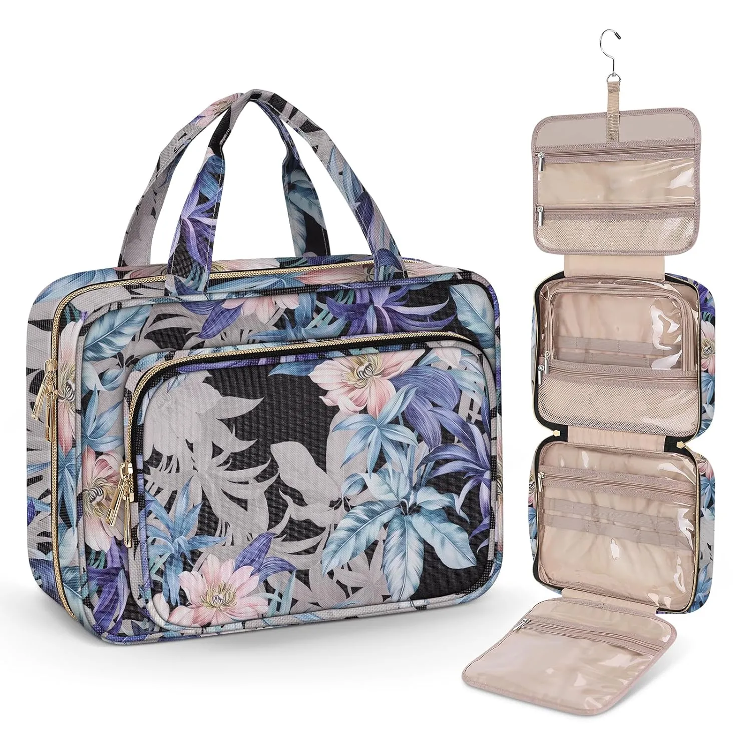 Wedama Toiletry Bag for Women, Large Cosmetic Travel Bag, Hanging Toiletry Bag for Bathroom, PVC Waterproof Makeup Bag, Toiletries Bag for Travel Business Trips and Camping, Black Brown Floral