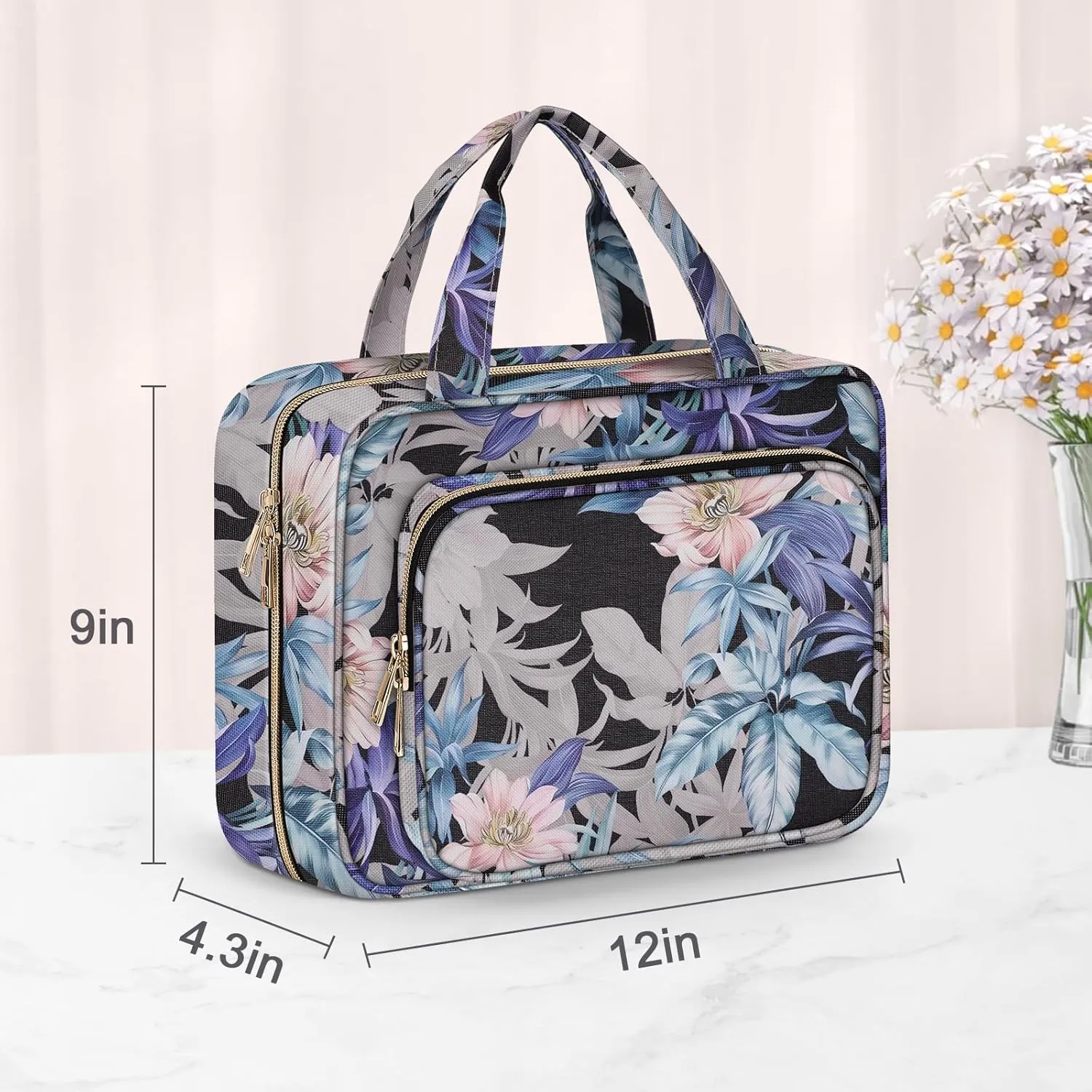 Wedama Toiletry Bag for Women, Large Cosmetic Travel Bag, Hanging Toiletry Bag for Bathroom, PVC Waterproof Makeup Bag, Toiletries Bag for Travel Business Trips and Camping, Black Brown Floral