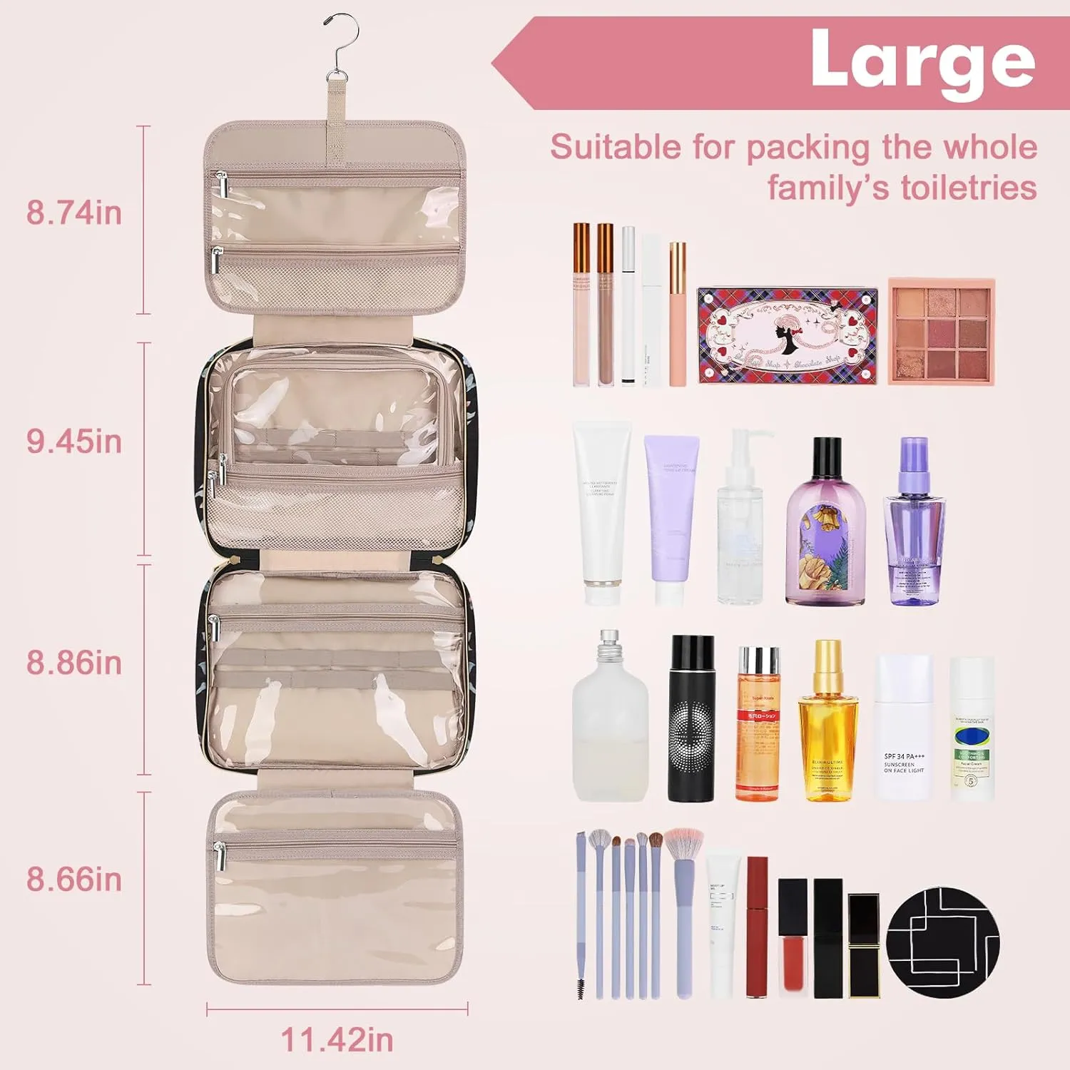 Wedama Toiletry Bag for Women, Large Cosmetic Travel Bag, Hanging Toiletry Bag for Bathroom, PVC Waterproof Makeup Bag, Toiletries Bag for Travel Business Trips and Camping, Black Pink Floral