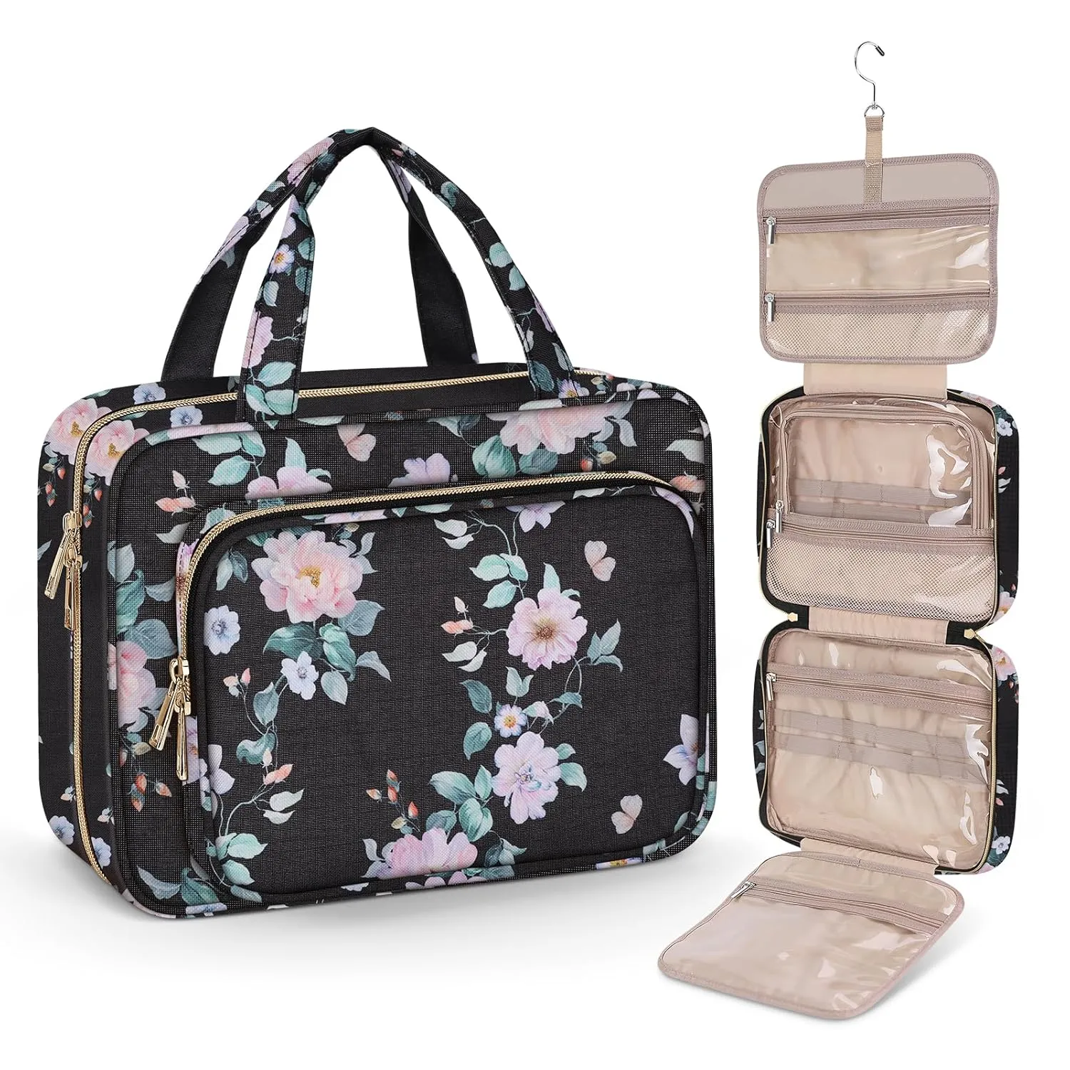 Wedama Toiletry Bag for Women, Large Cosmetic Travel Bag, Hanging Toiletry Bag for Bathroom, PVC Waterproof Makeup Bag, Toiletries Bag for Travel Business Trips and Camping, Black Pink Floral