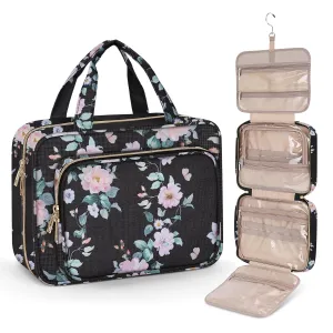 Wedama Toiletry Bag for Women, Large Cosmetic Travel Bag, Hanging Toiletry Bag for Bathroom, PVC Waterproof Makeup Bag, Toiletries Bag for Travel Business Trips and Camping, Black Pink Floral