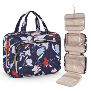 Wedama Toiletry Bag for Women, Large Cosmetic Travel Bag, Hanging Toiletry Bag for Bathroom, PVC Waterproof Makeup Bag, Toiletries Bag for Travel Business Trips and Camping, Blue White Floral
