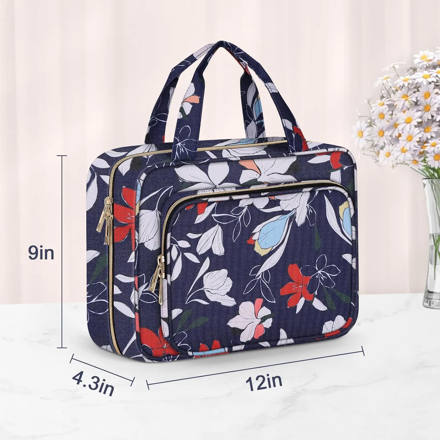 Wedama Toiletry Bag for Women, Large Cosmetic Travel Bag, Hanging Toiletry Bag for Bathroom, PVC Waterproof Makeup Bag, Toiletries Bag for Travel Business Trips and Camping, Blue White Floral