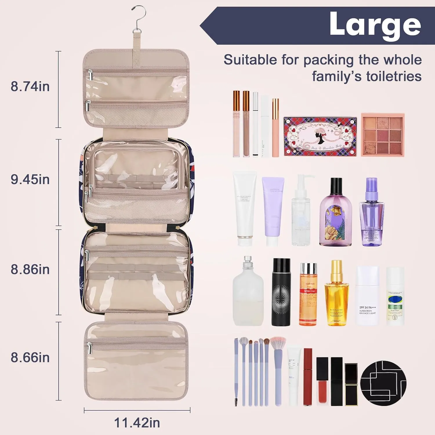 Wedama Toiletry Bag for Women, Large Cosmetic Travel Bag, Hanging Toiletry Bag for Bathroom, PVC Waterproof Makeup Bag, Toiletries Bag for Travel Business Trips and Camping, Blue White Floral
