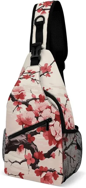 White Blooms Blue Butterflies Crossbody Bag, Sling Bag, Sling Backpack, Belt Bags for Travel Outdoors Hiking