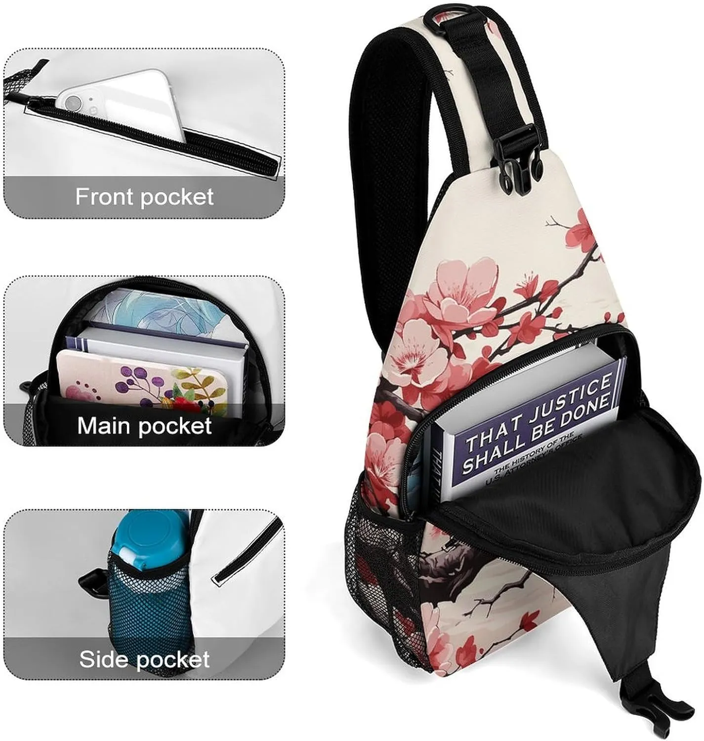 White Blooms Blue Butterflies Crossbody Bag, Sling Bag, Sling Backpack, Belt Bags for Travel Outdoors Hiking