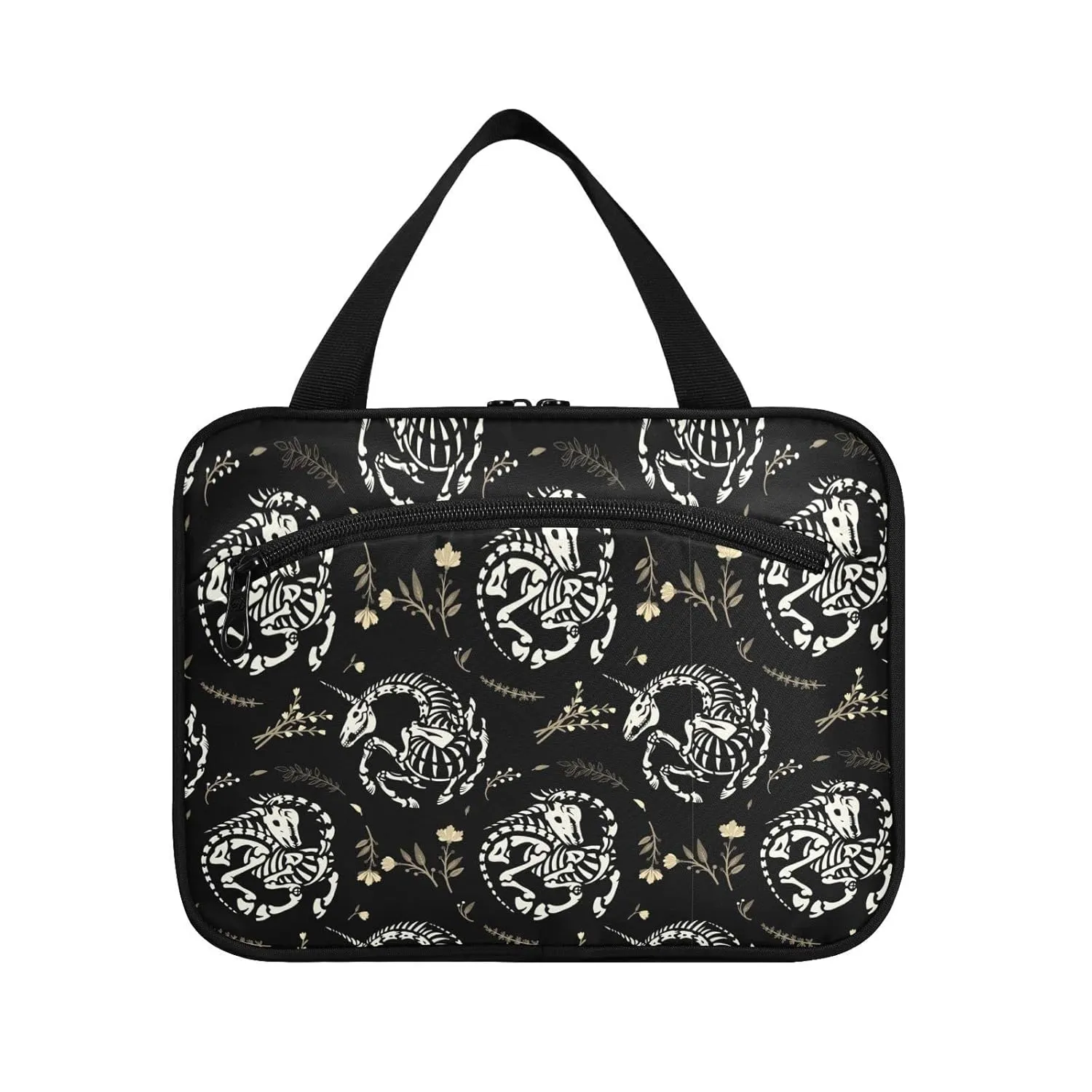 White Skeletons of Unicorns among Floral Wreaths Garlands on Dark 1 PC Hanging Travel Wash bag with Handles, Portable Makeup Organizer Brush Storage Case Portable Travel Cosmetic with Hook M