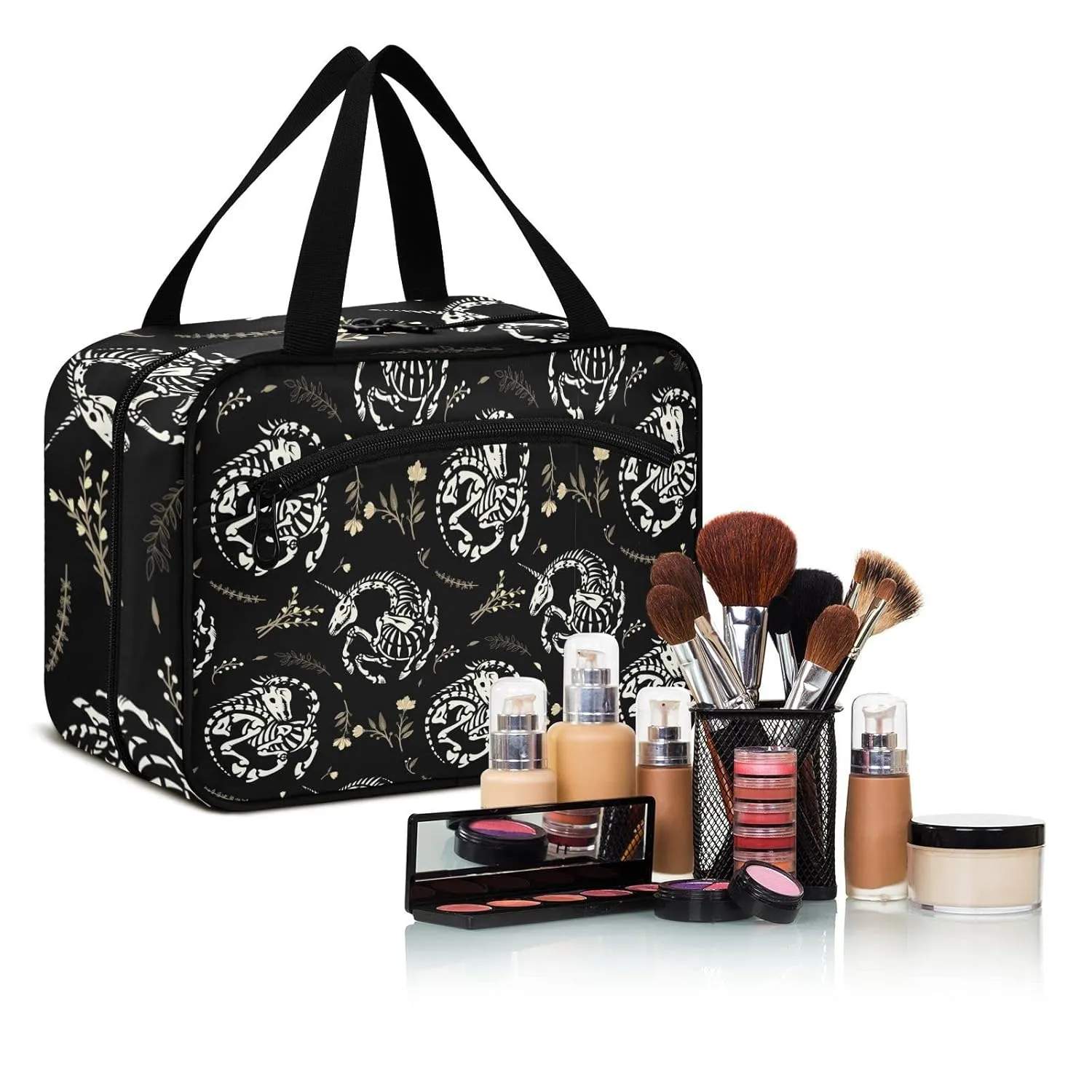 White Skeletons of Unicorns among Floral Wreaths Garlands on Dark 1 PC Hanging Travel Wash bag with Handles, Portable Makeup Organizer Brush Storage Case Portable Travel Cosmetic with Hook M