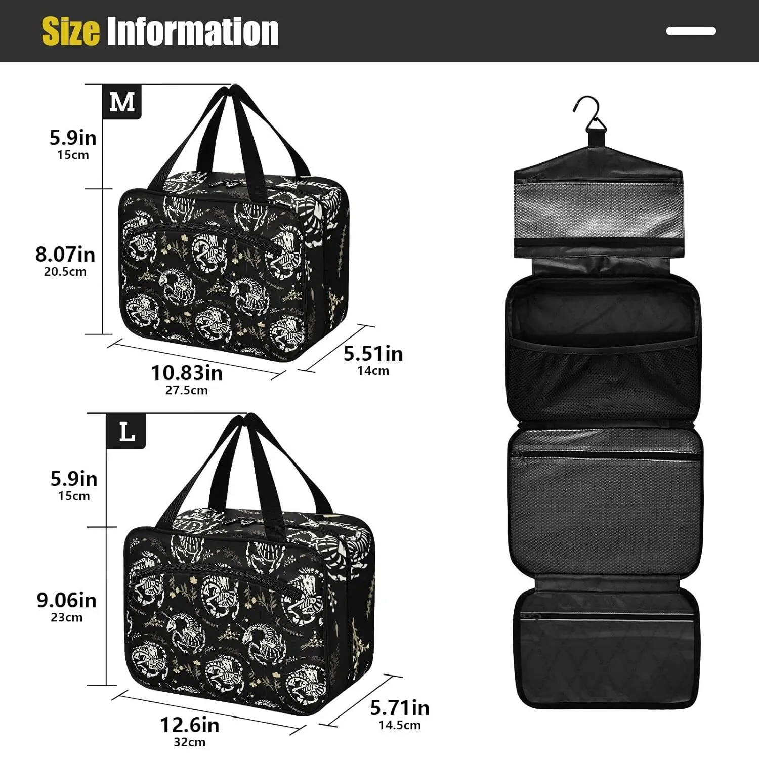 White Skeletons of Unicorns among Floral Wreaths Garlands on Dark 1 PC Hanging Travel Wash bag with Handles, Portable Makeup Organizer Brush Storage Case Portable Travel Cosmetic with Hook M