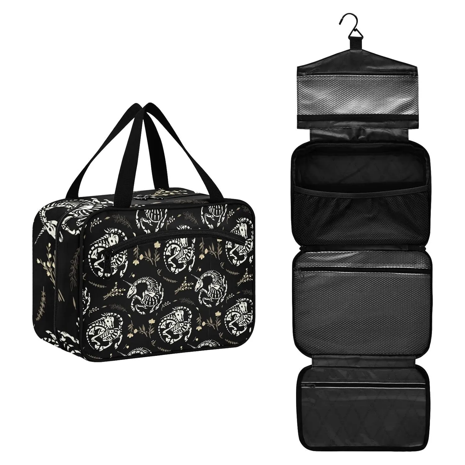 White Skeletons of Unicorns among Floral Wreaths Garlands on Dark 1 PC Hanging Travel Wash bag with Handles, Portable Makeup Organizer Brush Storage Case Portable Travel Cosmetic with Hook M