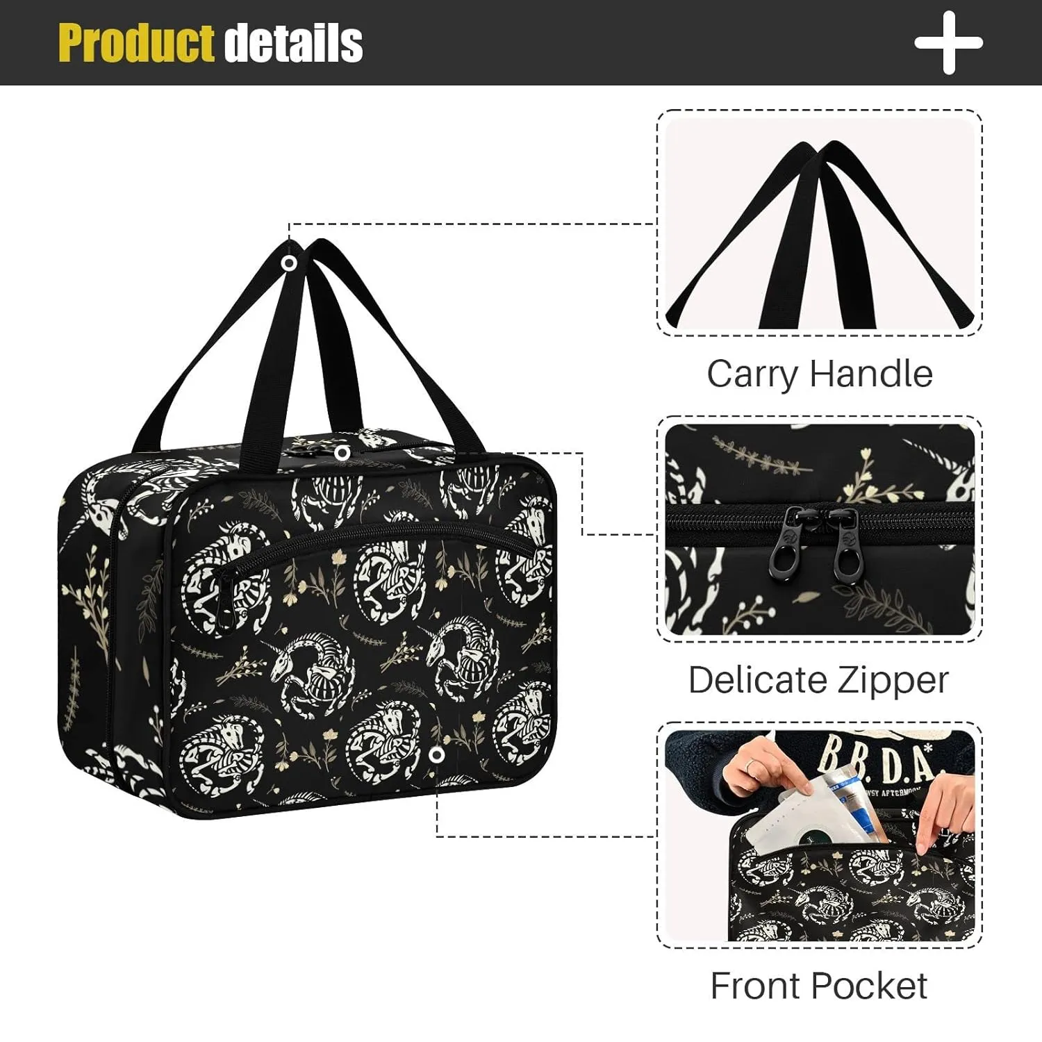 White Skeletons of Unicorns among Floral Wreaths Garlands on Dark 1 PC Hanging Travel Wash bag with Handles, Portable Makeup Organizer Brush Storage Case Portable Travel Cosmetic with Hook M