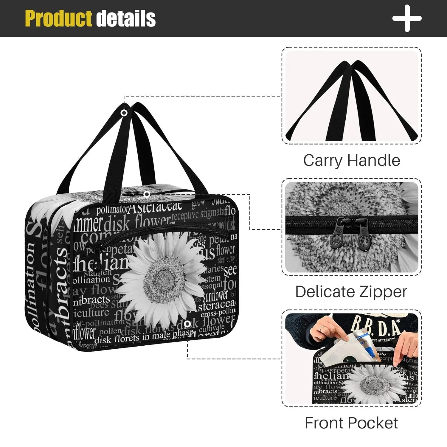White Sunflower Head Word Cloud Full of Botanical Terms Dark 1 PC Hanging Travel Wash bag with Handles, Portable Makeup Organizer Brush Storage Case Portable Travel Cosmetic with Hook M