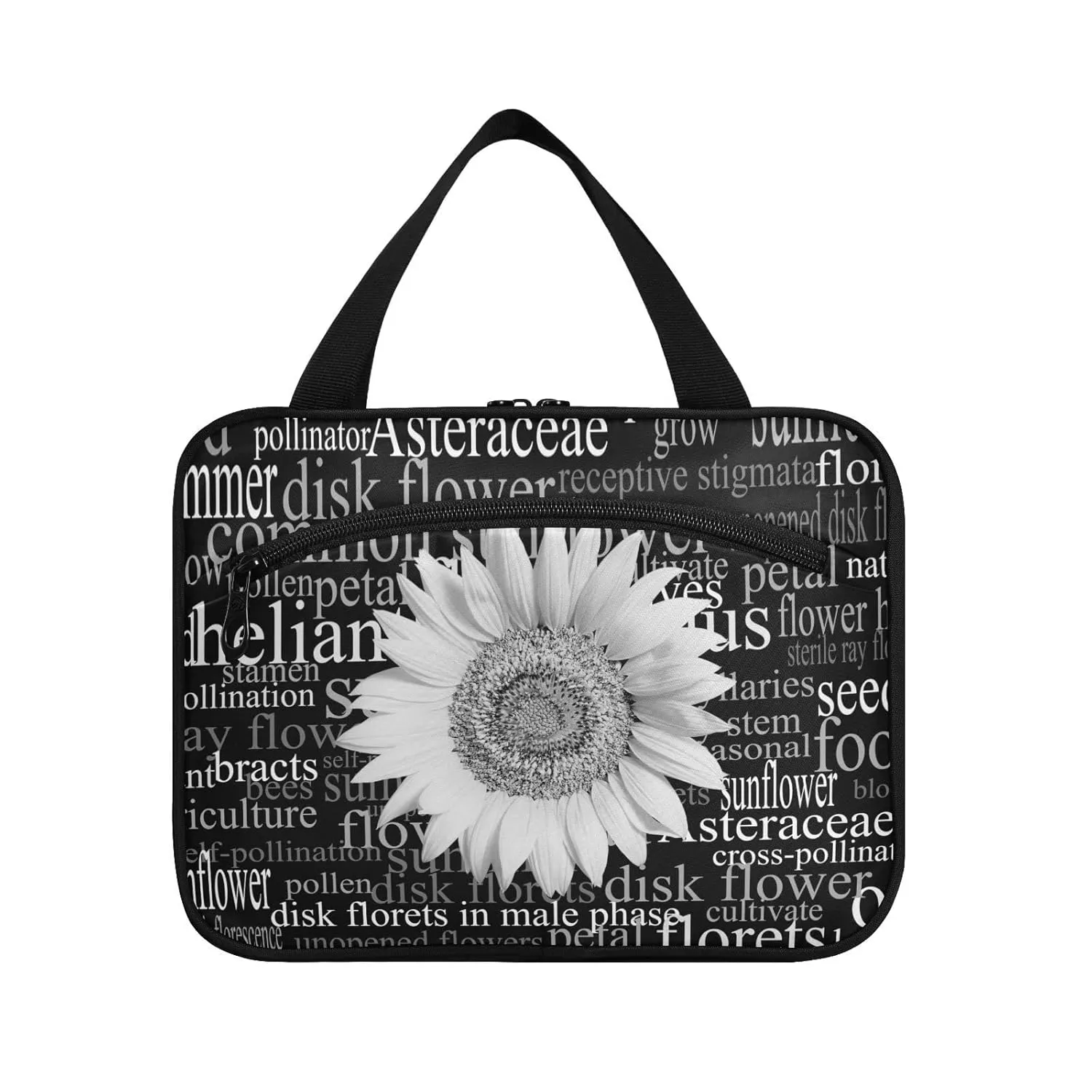 White Sunflower Head Word Cloud Full of Botanical Terms Dark 1 PC Hanging Travel Wash bag with Handles, Portable Makeup Organizer Brush Storage Case Portable Travel Cosmetic with Hook M