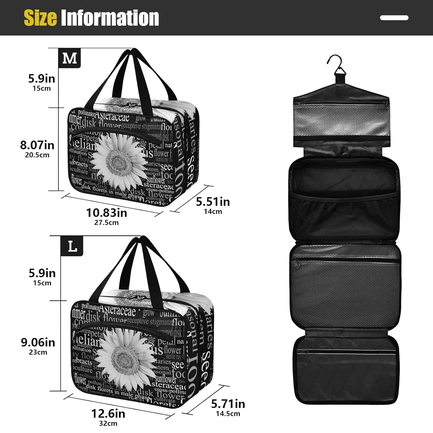 White Sunflower Head Word Cloud Full of Botanical Terms Dark 1 PC Hanging Travel Wash bag with Handles, Portable Makeup Organizer Brush Storage Case Portable Travel Cosmetic with Hook M