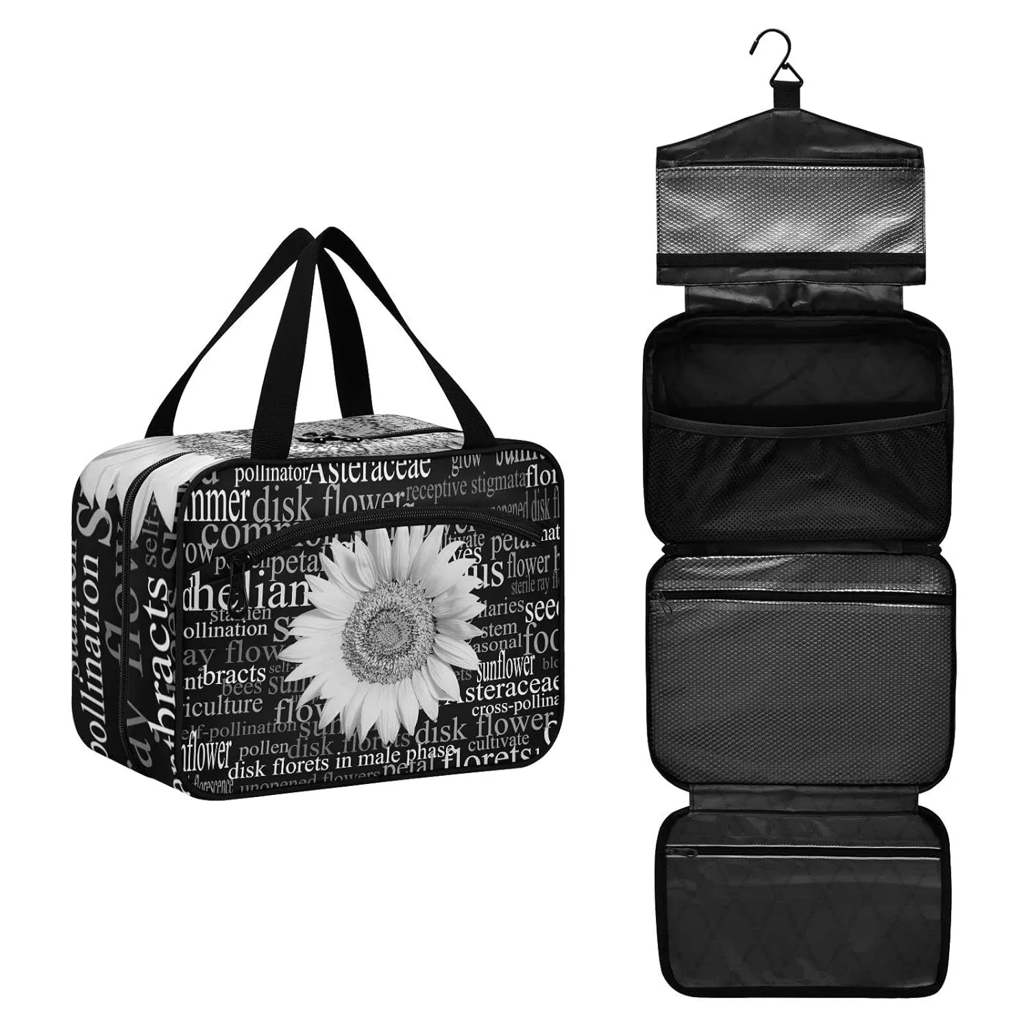White Sunflower Head Word Cloud Full of Botanical Terms Dark 1 PC Hanging Travel Wash bag with Handles, Portable Makeup Organizer Brush Storage Case Portable Travel Cosmetic with Hook M