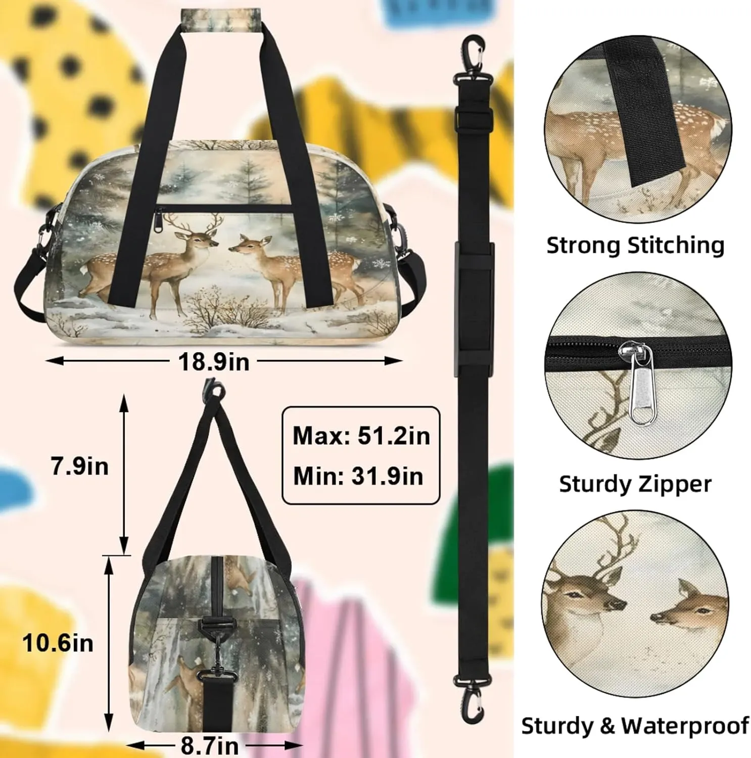 Winter Wonderland Deer Small Gym Bag 18 inch Carry On Duffel Bag for Weekender Travel Sports Workout Yoga Gymnastics Dance Ballet
