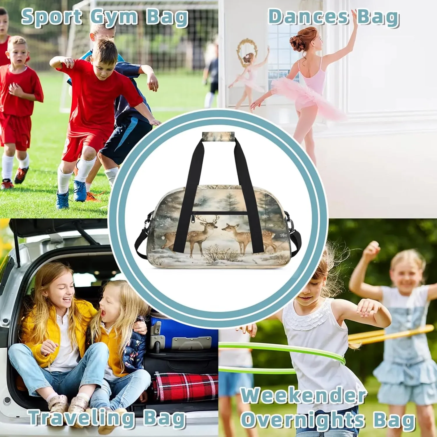 Winter Wonderland Deer Small Gym Bag 18 inch Carry On Duffel Bag for Weekender Travel Sports Workout Yoga Gymnastics Dance Ballet