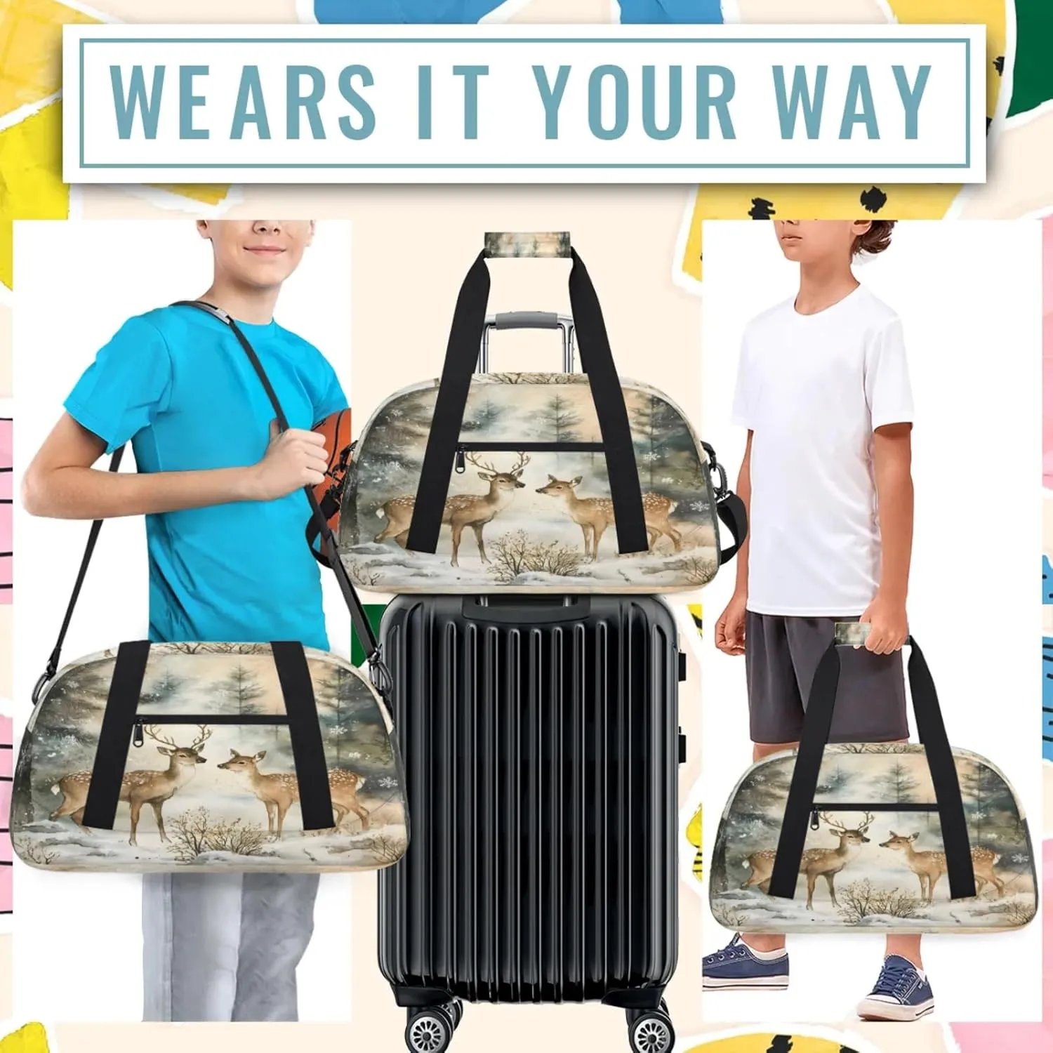 Winter Wonderland Deer Small Gym Bag 18 inch Carry On Duffel Bag for Weekender Travel Sports Workout Yoga Gymnastics Dance Ballet