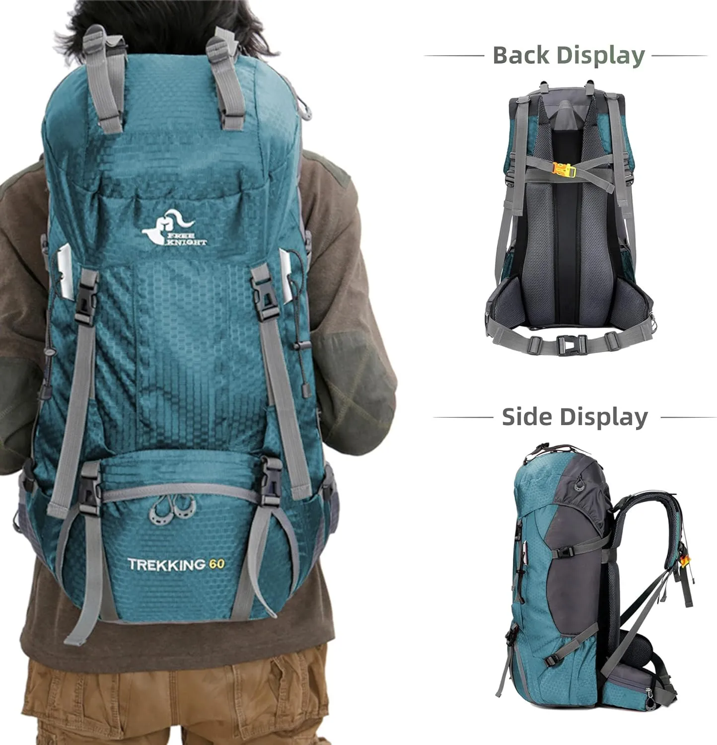 WIYPRQZ 60L Waterproof Hiking Camping Backpack with Rain Cover Camping Travel Bag for Climbing Fishing Men Women (Blue Green)