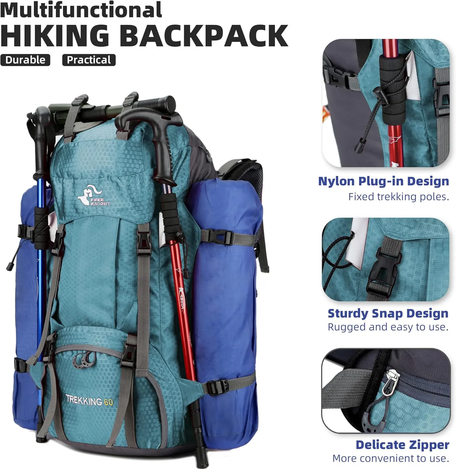 WIYPRQZ 60L Waterproof Hiking Camping Backpack with Rain Cover Camping Travel Bag for Climbing Fishing Men Women (Blue Green)