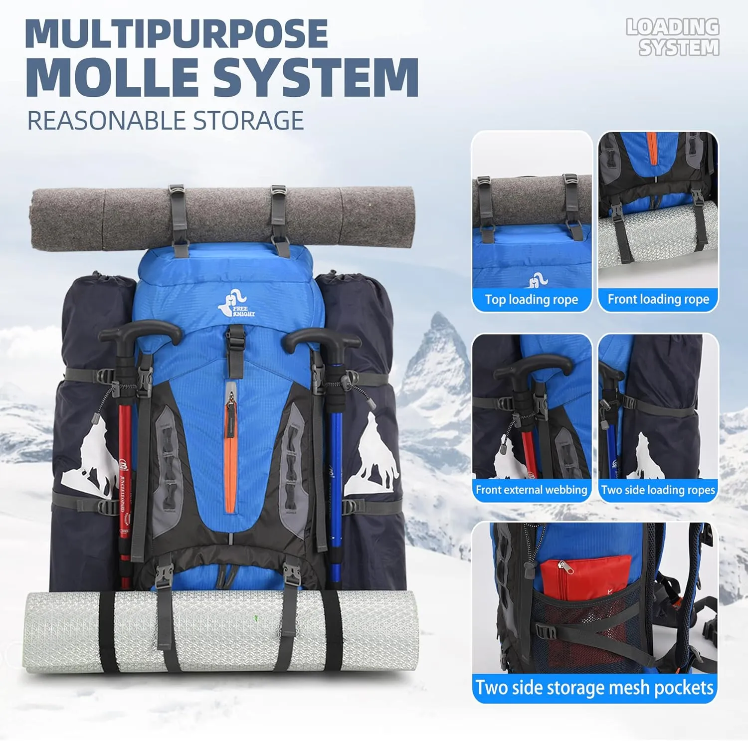 WIYPRQZ 60L Waterproof Lightweight Hiking Backpack Outdoor Sport Daypack with Rain Cover Camping (Light Blue)