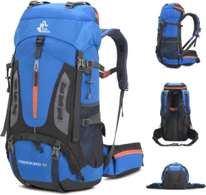 WIYPRQZ 60L Waterproof Lightweight Hiking Backpack Outdoor Sport Daypack with Rain Cover Camping (Light Blue)